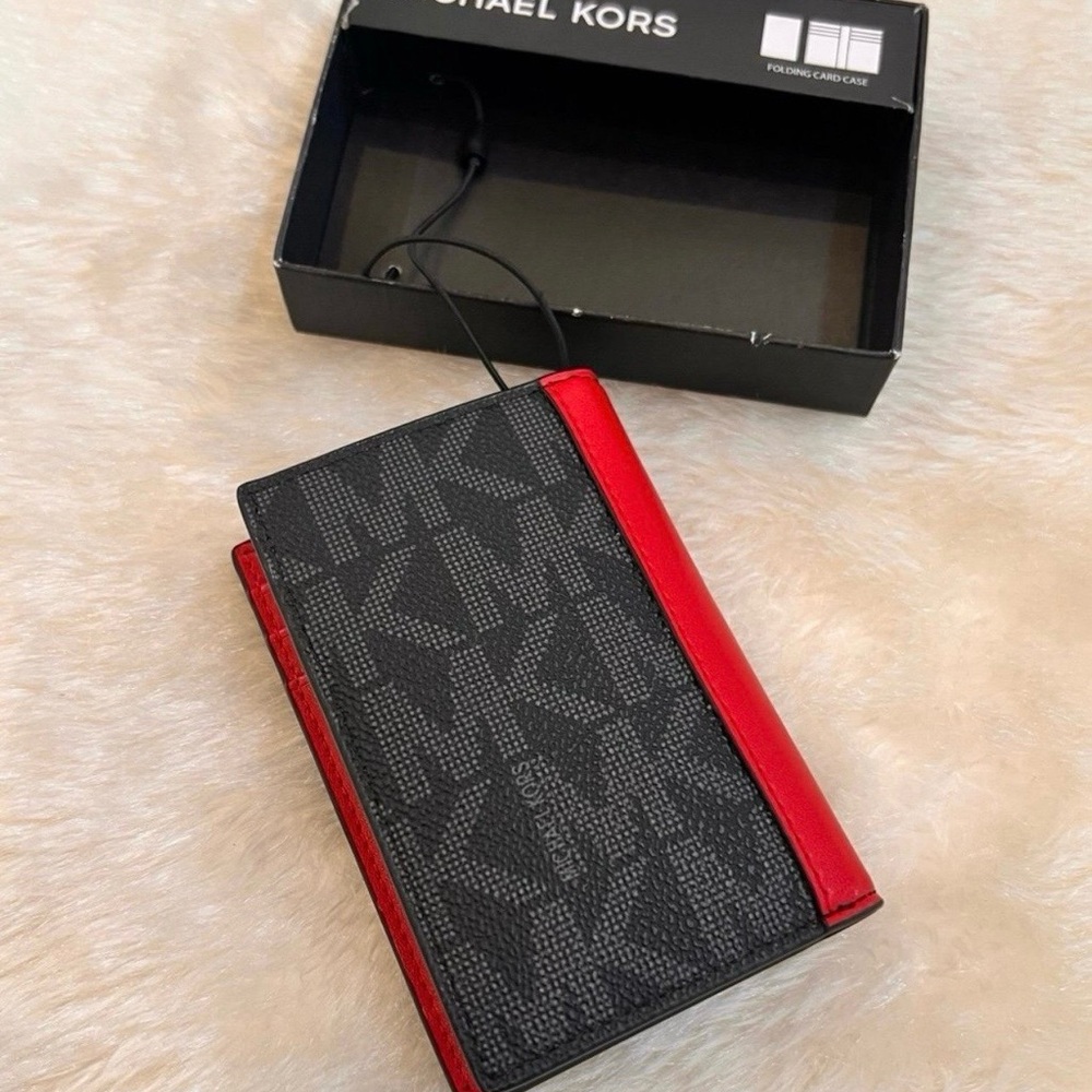Men’s Michael Kors Folding Card Case Wallet Gray and red W/  Logo Print